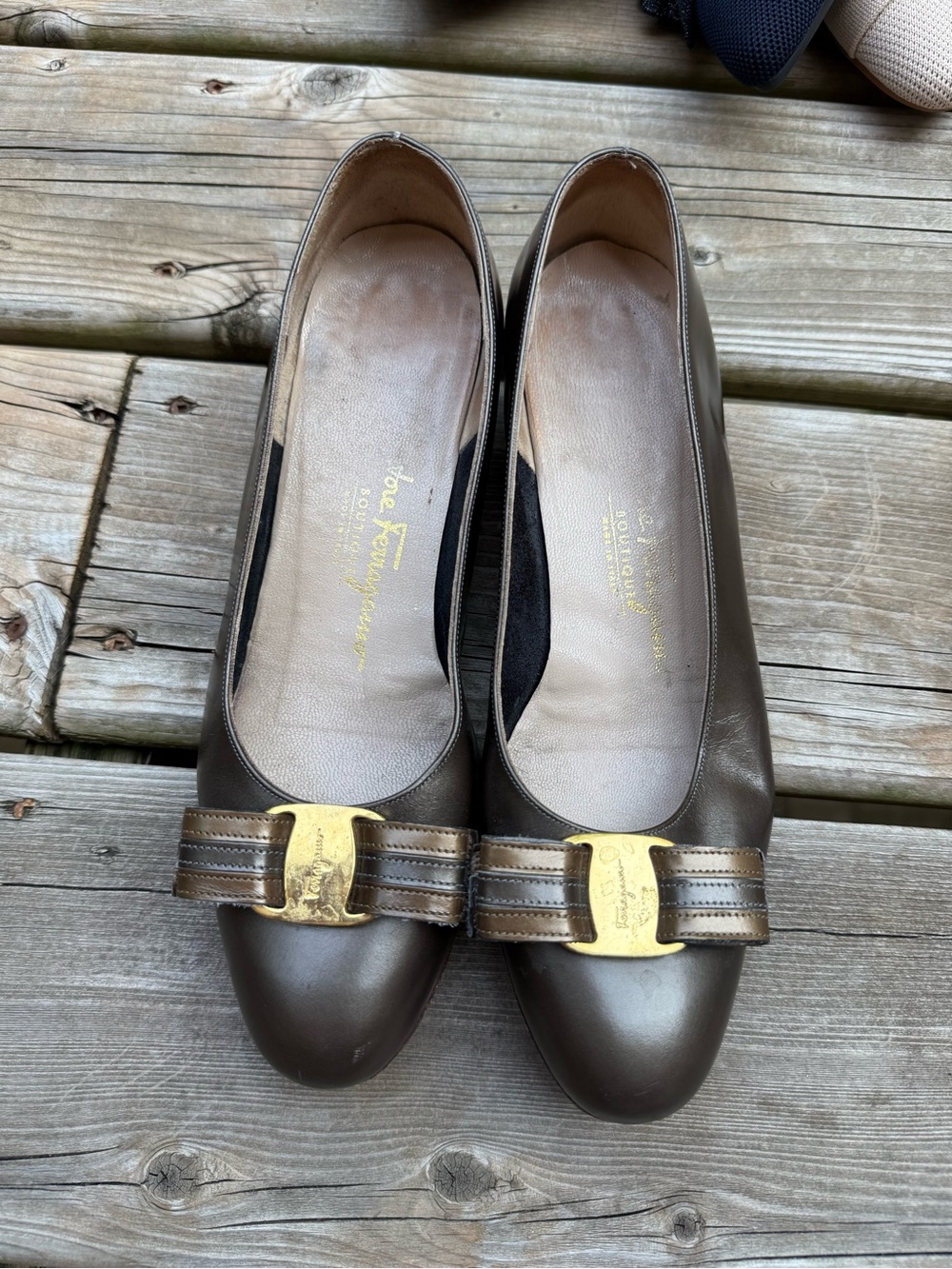 Salvatore Ferragamo Dark Brown Leather Varina Flats with Gold Bow